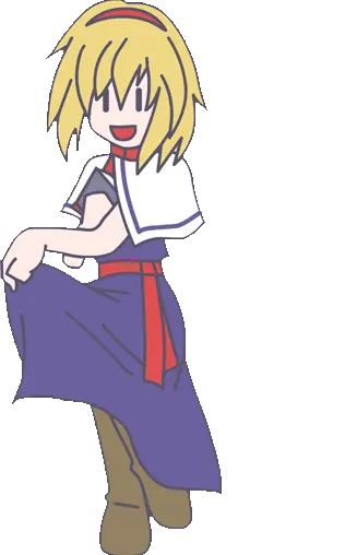 A blonde anime girl with a blue dress dancing with a grimoire in hand; she is Alice Margatroid from Touhou Project.